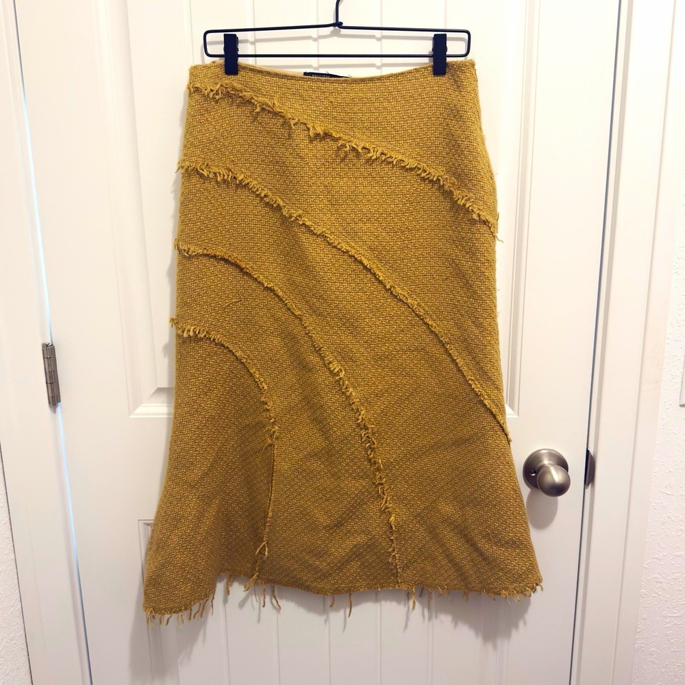 Brigitte Naux Women's Beige Tweed Fringe A-Line Midi Skirt Size L Side Zip
